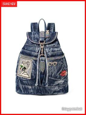 Denim Backpack for Women with Rhinestones Casual Daypack Purse Laptop Bag